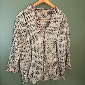 Ritu Agnihotri Black & White Patterned Tunic Blouse with Red Trim - Size L